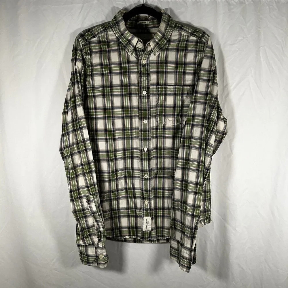 Abercrombie & Fitch Shirt Men's Large Green Blue Plaid Button Up Long Sleeve